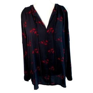 Loft Women's Blue & Red Floral Print Peek A Boo Shoulder Shirt Size XL